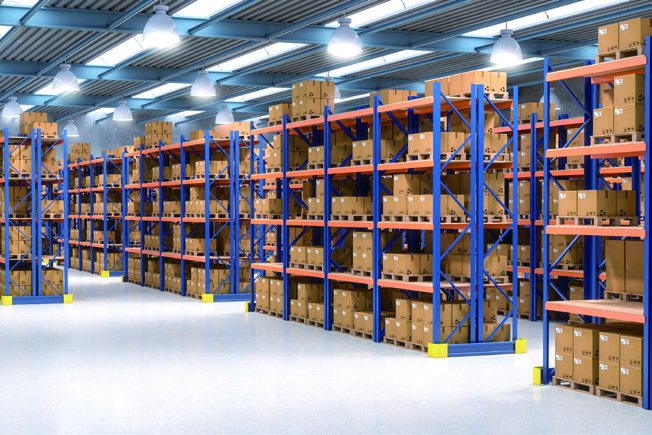 Warehouse racking with stored goods