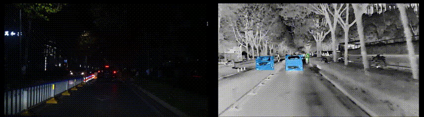 Low-light road segment: visible camera versus thermal channel detecting pedestrians and a car